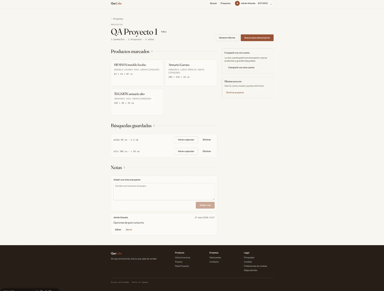 Vista real de un proyecto en QueCabe con productos marcados, búsquedas guardadas y notas del equipo