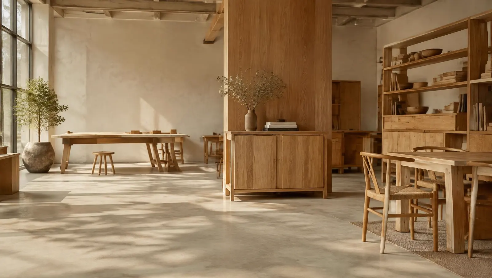 Taller-exposición de un fabricante con armarios y sillas de roble