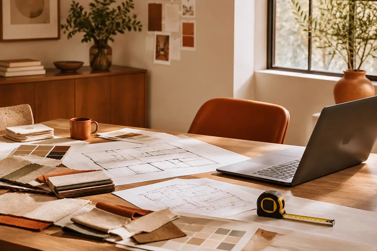 Mesa de un estudio de interiorismo con planos, muestras de tela y cinta métrica