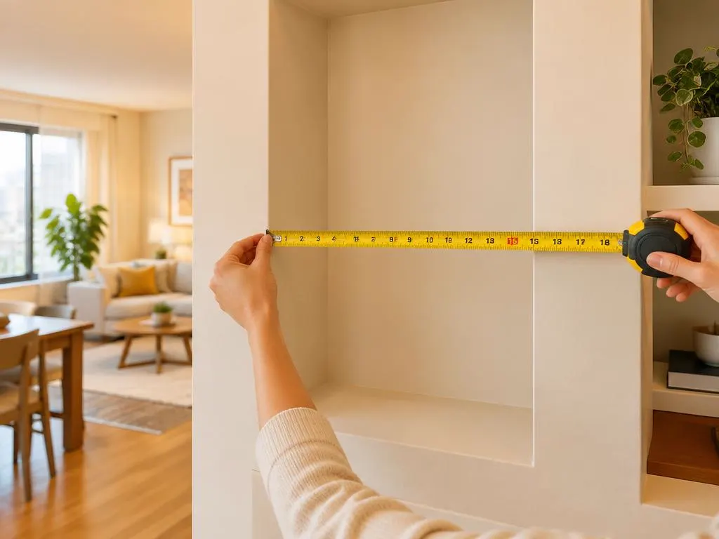 Manos midiendo con una cinta métrica el hueco de una pared