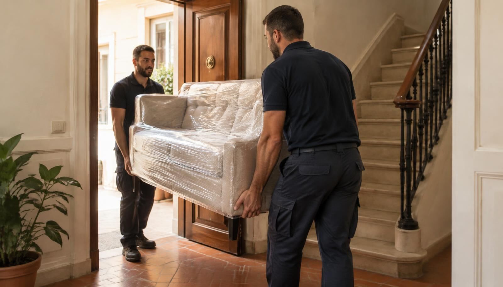 Dos operarios entrando un sofá embalado por la puerta de una vivienda junto a la escalera
